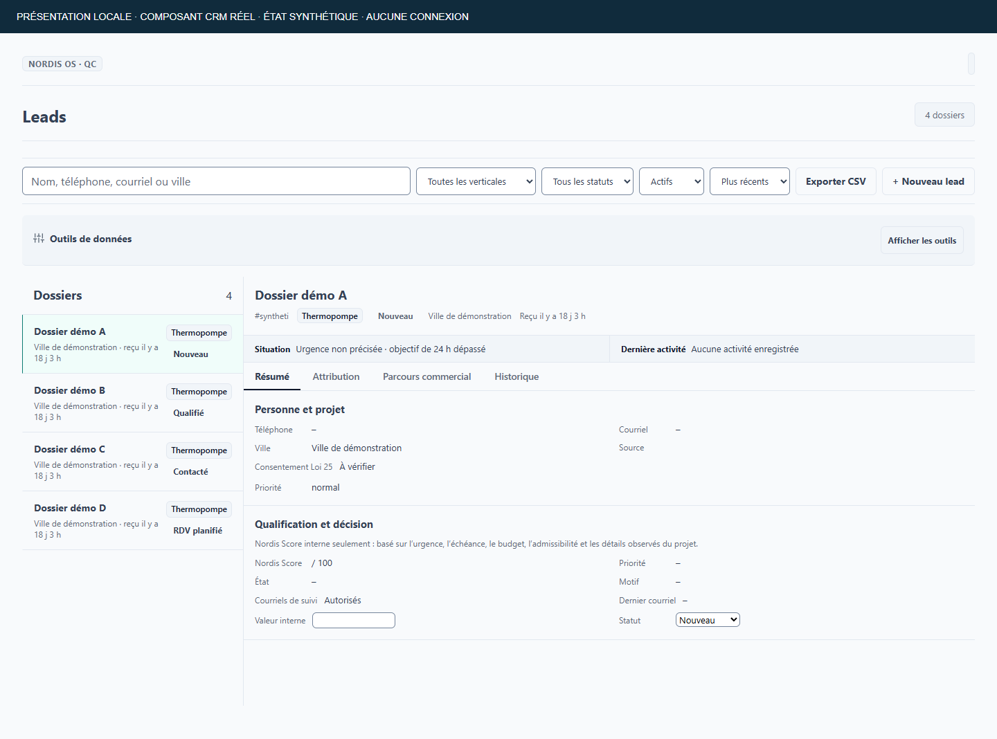 Nordis CRM: synthetic queue and record, French interface.