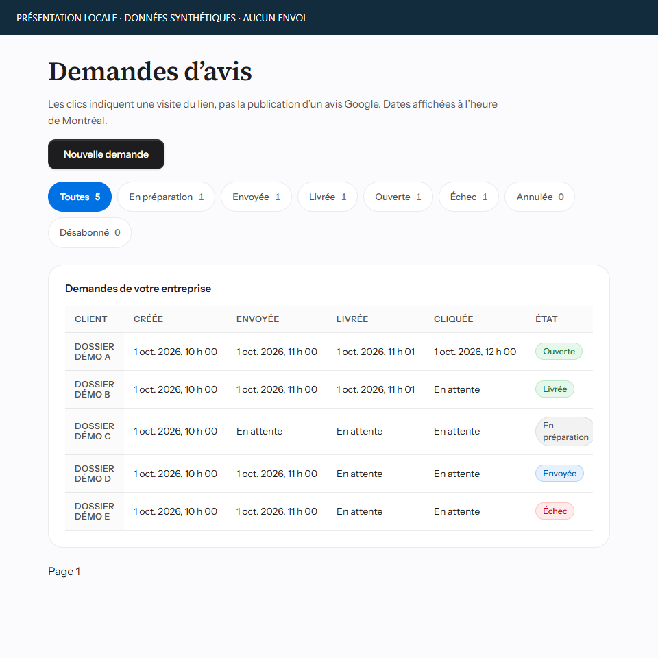 Rivyo request history with synthetic records and distinct states. French-language interface.
